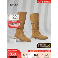BASTO 百思图 2022冬季新款时尚潮流粗跟绑带西部靴高筒靴女长靴MD093DG2 驼色 39