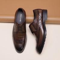 皮尔·卡丹 22年新品压纹擦色牛皮系带布洛克雕花皮鞋商务正装男鞋男皮鞋