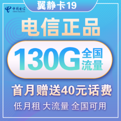 CHINA TELECOM 中国电信 翼静卡 19元月租（100G通用流量+30G定向流量）赠送40话费