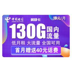 CHINA TELECOM 中国电信 翼静卡 19元月租（100G通用流量+30G定向流量）赠送40话费