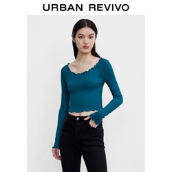 URBAN REVIVO UR新款秋季女装休闲chic木耳边紧身薄长袖T恤WB35B4MN2000 深绿 L