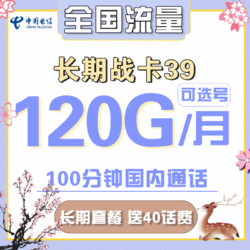 CHINA TELECOM 中国电信 长期战卡 39元月租（120GB全国流量+100分钟国内通话）赠送40话费 可选号