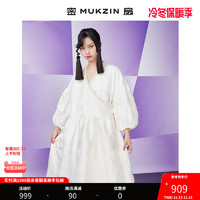 MUKZIN 密扇 2022秋新款花鸟寻仙白色复古提花泡泡袖宽松中长七分袖连衣裙