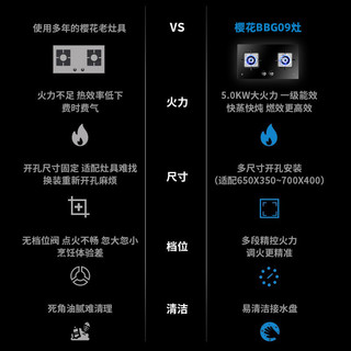 樱花(SAKURA)燃气灶5.0大火力加厚防爆钢化玻璃双灶煤气灶台嵌两用全铜火盖灶具熄火保护JZT-BBG09(天然气)