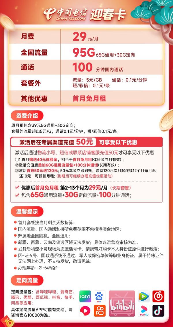 CHINA TELECOM 中国电信 迎春卡 29元月租（65G通用流量+30G定向流量+100分钟通话）可发北京 长期套餐
