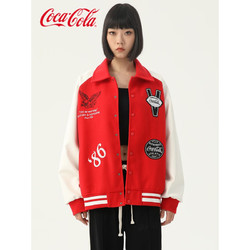 Coca-Cola 可口可乐 官方刺绣拼接撞色翻领棒球棉服外套 男女同款 可乐红 S