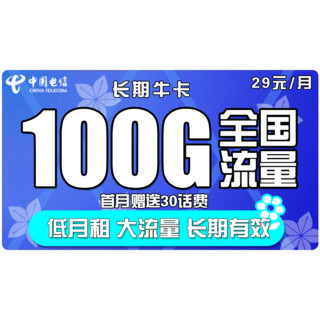 中国电信 手机卡流量卡翼卡全国通用天翼5G支付100G花卡半年包年不限速畅享上网卡电话卡星卡校园卡 【电信嗨卡】29包100G全国流量 大流量 不限速