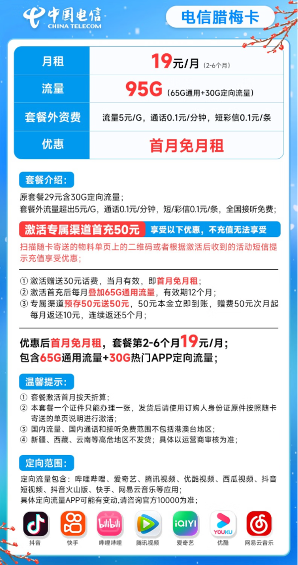 CHINA TELECOM 中国电信 腊梅卡 19元月租（65G通用流量+30G定向流量）激活送40