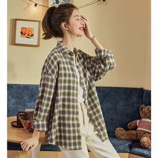 TONLION 唐狮 新款2021年春款新时尚格子衬衫女韩版长袖衬衣设计感小众上衣