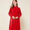100%山羊绒半高领羊绒绣花中国风红裙连衣裙