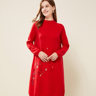 100%山羊绒半高领羊绒绣花中国风红裙连衣裙