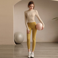 暴走的小鹿 秋冬季瑜伽服套装女健身高级感2022新款速干时尚专业运动跑步拉链高端气质晨跑服 205杏色外套+181芥末黄长裤 L