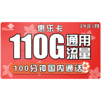 中国联通 惠乐卡 29元月租（110G通用流量+100分钟国内通话）大流量 不限速