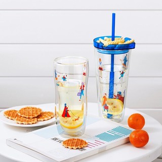 LOCK&LOCK 双层玻璃杯家用水杯果汁杯女早餐杯创意喝水杯子带吸管牛奶杯 蓝色含吸管-620ML