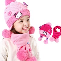 BoBDoG 巴布豆 HelloKitty女童帽子围巾套装冬季针织帽两件套