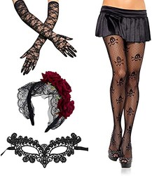 ALYCLIP 万圣节服装配饰套装,玫瑰头带黑色蕾丝手套骷髅网丝袜和化妆舞会,适合装扮主题派对