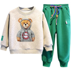 2022新款童装男女童套装洋气潮 立体抽绳灰色泰迪熊上衣+绿裤(套装)