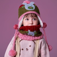 kocotree kk树 kk儿童帽子圣诞麋鹿宝宝帽可爱帽子围脖保暖两件套冬