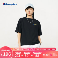 Champion 冠军2022年春夏新品纯棉女士短款刺绣草写logo圆领套头T恤 黑色 L