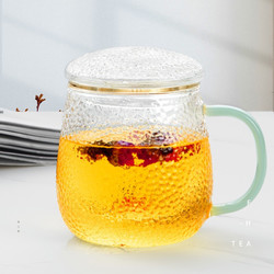 茶适 锤纹玻璃茶杯 玻璃杯带把 办公室带过滤茶水分离杯 可加热泡茶杯 花茶红茶杯（青把）400mlC5568