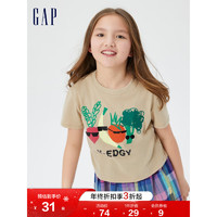 Gap 盖璞 女童图案印花针织短袖T恤820115夏季2022新款儿童装上衣潮 卡其色 140cm(L)