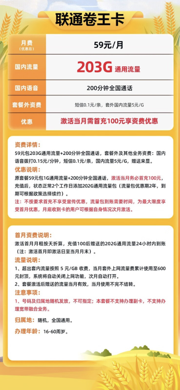 China unicom 中国联通 联通卷王卡 59元（203GB通用流量+200分钟通话）