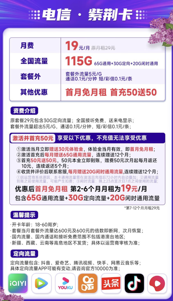 CHINA TELECOM 中国电信 紫荆卡 19元月租（65G通用流量+30G定向流量+20G闲时流量）