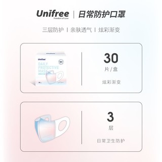 UNIFREE 立体口罩一次性3d设计新款蓝粉渐变色三层防护30片盒装