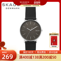 SKAGEN 诗格恩 男款手表超大表盘时尚大气黑色皮表带商务潮流石英腕表