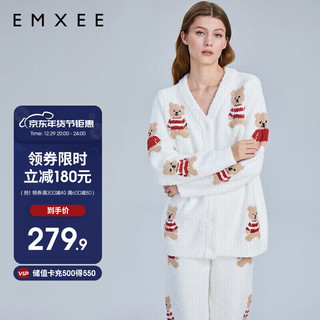 EMXEE 嫚熙 孕妇睡衣秋冬产妇产后加厚月子服小熊款半边绒哺乳怀孕期家居服套装 白色L码 MX218210391