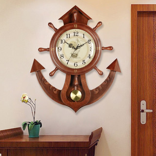 Hense 汉时 欧式船舵挂钟创意实木时钟木质艺术挂表现代壁钟客厅摆钟经典石英钟表HP39棕色