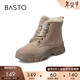 BASTO 百思图 新款复古时尚保暖系带马丁靴女休闲短靴CD111DD0 卡其色(毛里) 34