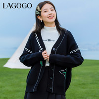 La·go·go 拉谷谷 Lagogo拉谷谷2022年秋季新款V领宽松黑色针织衫外套女开衫慵懒风