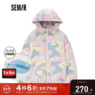 Semir森马羽绒服女白鸭绒满印连帽2021冬季新款宽松马卡龙厚面包服甜美 蓝色调0388 160/84A/M