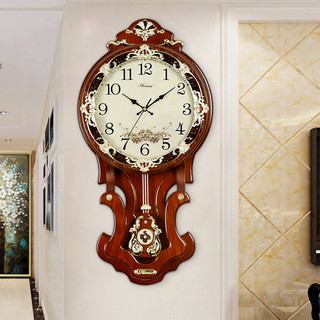 Hense 汉时 欧式钟表客厅大挂钟轻奢时钟创意木质摆钟艺术挂表时尚壁钟石英钟HP07 棕色中号