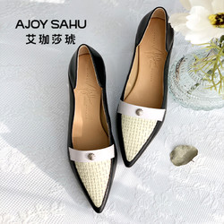 AJOY SAHU AJOY 新品/原创小黑鞋 尖头高跟鞋5CM粗跟女时尚单鞋脚蹬拖鞋奶油