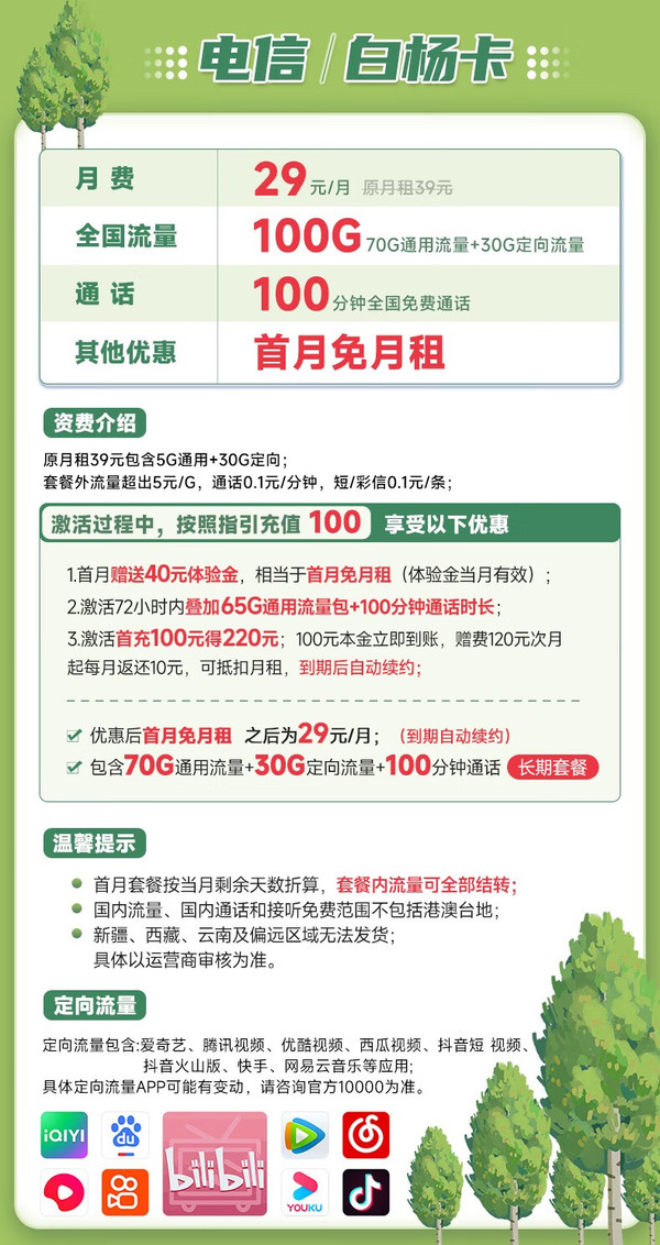 CHINA TELECOM 中国电信 白杨卡 29元月租（70G通用流量+30G定向流量+100分钟通话）激活送40 长期套餐