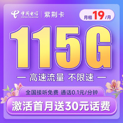 CHINA TELECOM 中国电信 紫荆卡 19元月租（65G通用流量+30G定向流量+20G闲时流量）长期套餐
