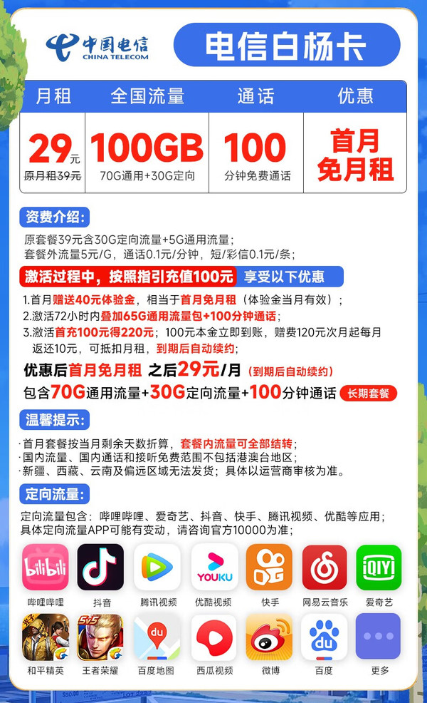 CHINA TELECOM 中国电信 白杨卡 29元月租（70G通用流量+30G定向流量+100分钟通话）