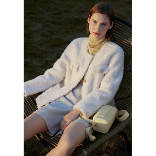 Amii2022冬季新款全羊毛毛呢外套颗粒绒小法式香风外套女白色大衣