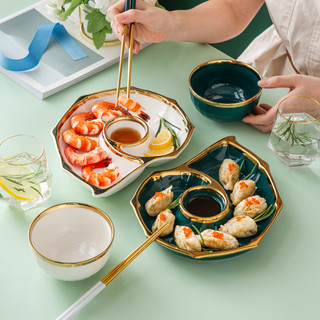 饺子盘子带醋碟家用新款小吃盘创意餐具陶瓷水饺餐盘ins风寿司盘