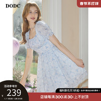 dodc仙女裙2023春季新款木耳边蓝色碎花方领收腰显瘦泡泡袖连衣裙