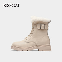 KISSCAT 接吻猫 靴子新款马丁靴保暖加绒羊毛加厚棉鞋厚底真皮时尚雪地靴女