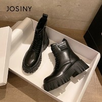Josiny 卓诗尼 真皮女靴2022冬季新款百搭粗跟马丁靴小个子显瘦厚底短靴子
