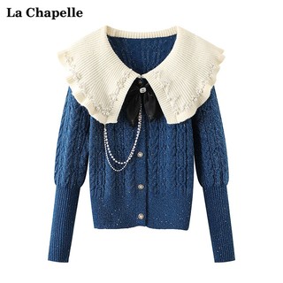 拉夏贝尔/La Chapelle开衫克莱因蓝毛衣女设计感娃娃领短款针织衫