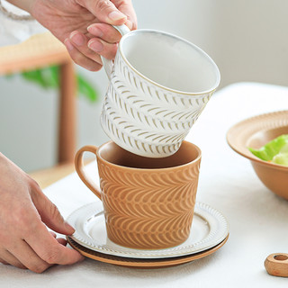 ins咖啡杯子北欧复古陶瓷水杯碟组合浮雕麦穗家用英式