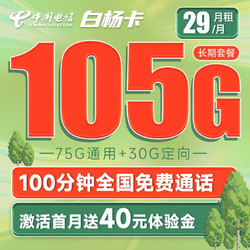 CHINA TELECOM 中国电信 白杨卡 29元月租（70G通用流量+30G定向流量+100分钟通话）激活送40 长期套餐