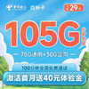 中国电信 白杨卡29元月租（105G全国流量+100分钟通话）激活赠送40 长期套餐