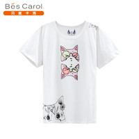 贝兹卡洛原创T恤女短袖 夏季原创纯棉圆领猫咪印花套头上衣632433