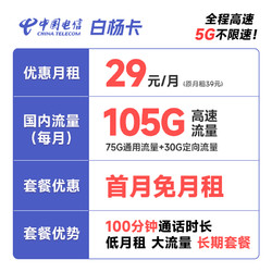 CHINA TELECOM 中国电信 白杨卡 29元月租（105G全国流量+100分钟通话）20年长期套餐 激活赠送40